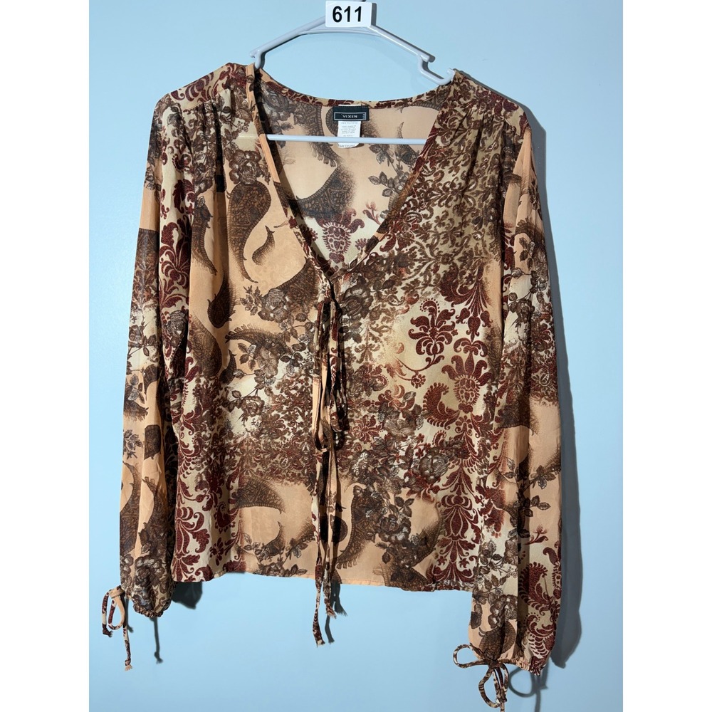 Vixen Womens Sheer Paisley Tie Front Blouse Brown Tan V-Neck Top Medium BT4487